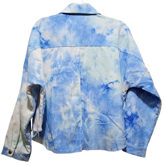 Tie-Dye Blue & White Corduroy Button-Up Crop Jacket With Frayed Hem Medium By - Picture 2 of 9